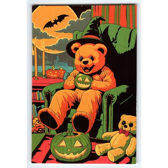 Vintage Halloween Photochrome Postcard Teddy Bear with Jack-o'-Lantern - Picture 1 of 2